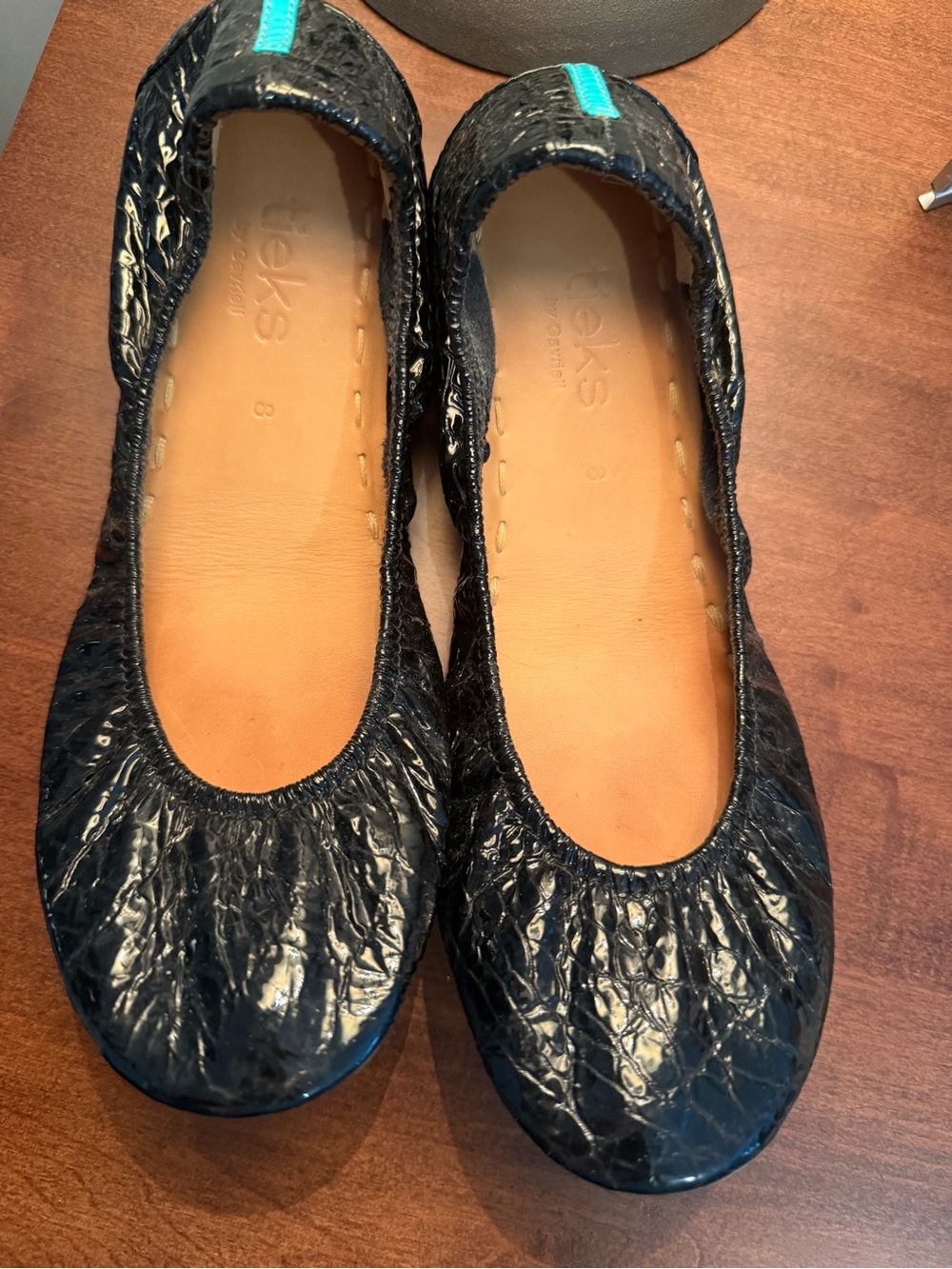 Tieks Black Patent Croc Ballet Flats with Teal Heel Tab